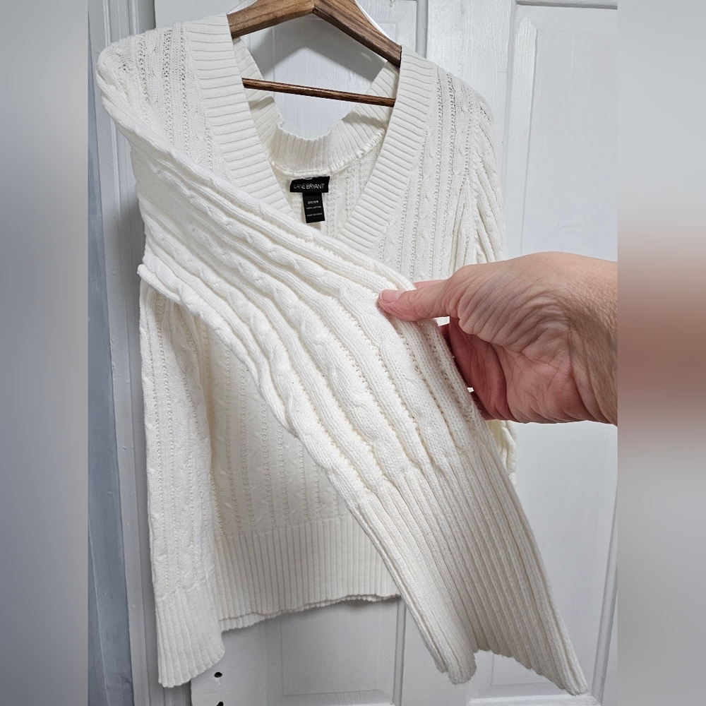 Lane Bryant Off-White Cable Knit V-Neck Sweater